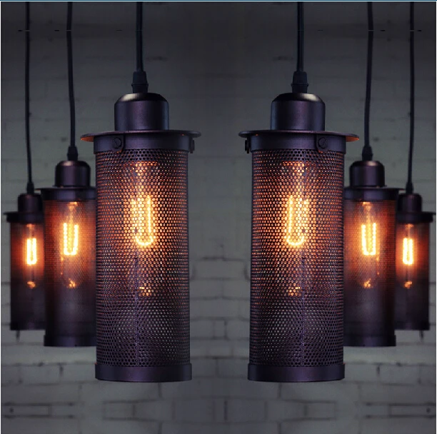 Edison cord hanging lamp Industrial Wind Vintage Cage pendant lights dinning room Metal Iron Mesh Cylinder lighting | Лампы и