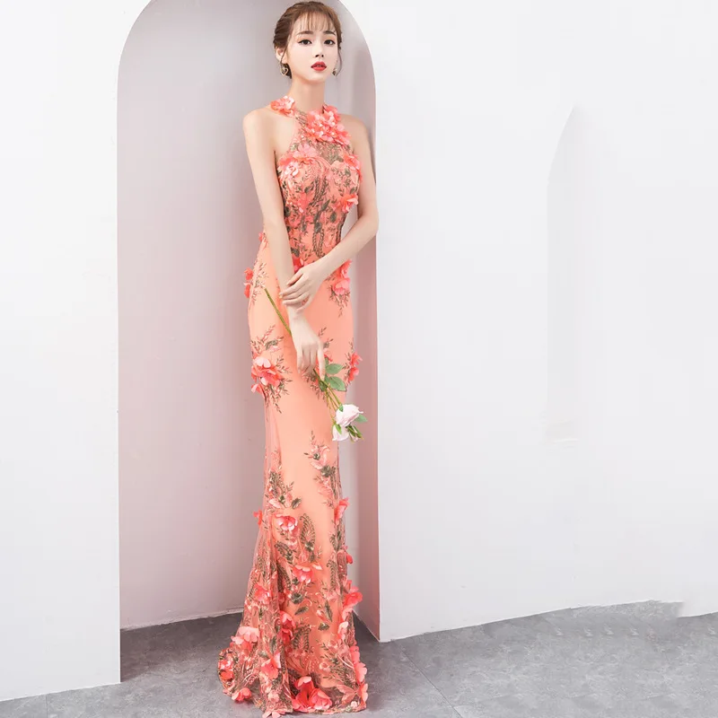 Пикантные китайский стиль вечерние Длинные Cheongsam женщин Тонкий платье брак роскошные свадебные Qipao модная одежда Vestido
