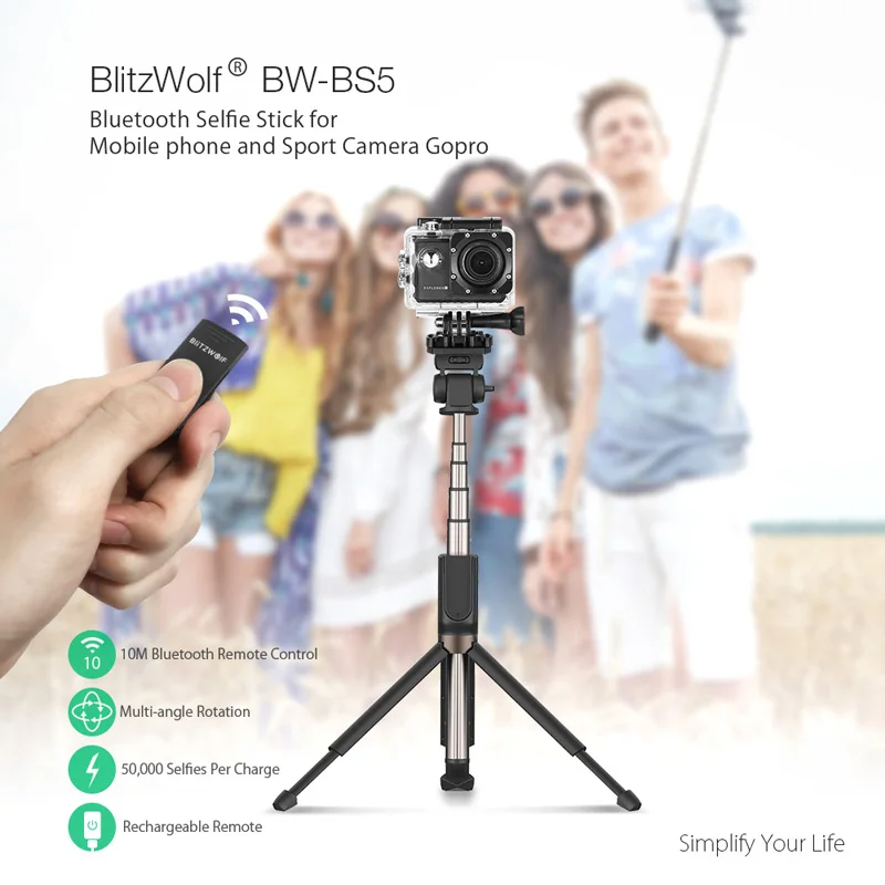 BlitzWolf bluetooth Ручной штатив селфи палка выдвижной монопод для Gopro 5 6 7 1/4 'Спортивная камера для смартфонов huawei