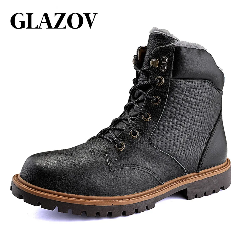 

GLAZOV Men Winter Shoes Warm Comfortable Fashion Genuine Leather Martin Snow Boots Waterproof Boots Men's wool Plush Warm Boots