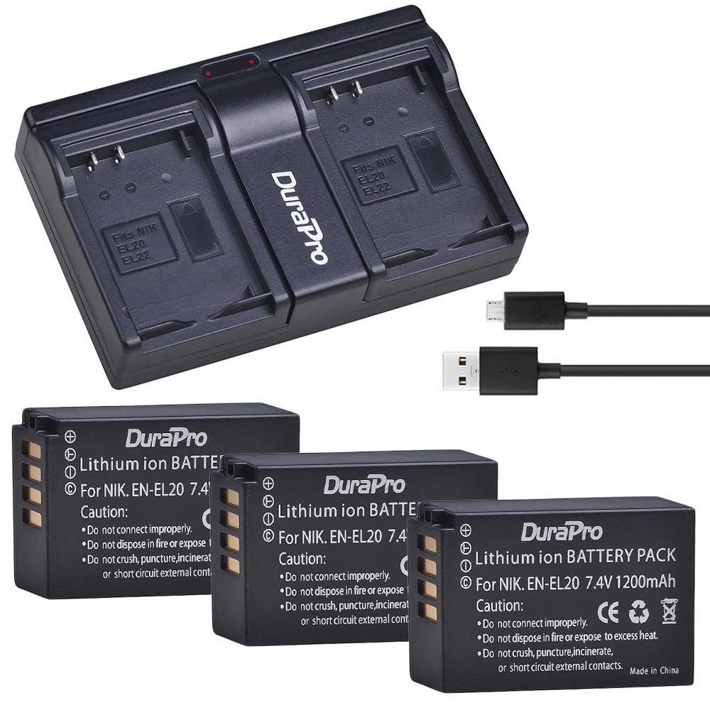 

Durapro 3pc 1200mAh EN-EL20 EN EL20 Rechargeable Battery +USB Dual Battery Charger For Nikon 1 J1 J2 J3 S1 Coolpix A1 AW1 Camera