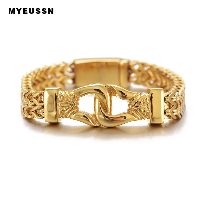 

316L Stainless Steel Gold Handcuff Bracelet Double Foxtail Box Link bangle Men Fashion Hip Hop Father's Day Jewelry Gift