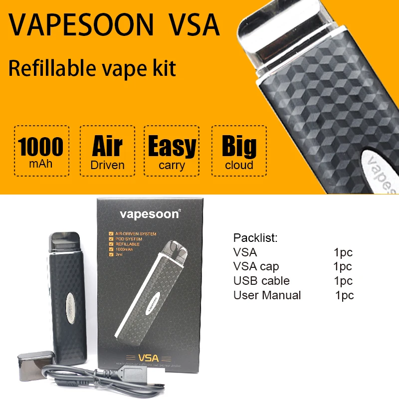 10 шт. Vapesoon pod vape комплект VSA vape ручка 1000 мАч встроенный аккумулятор 2 мл емкость воздушный привод 1.2ohm pod система VS zero kit