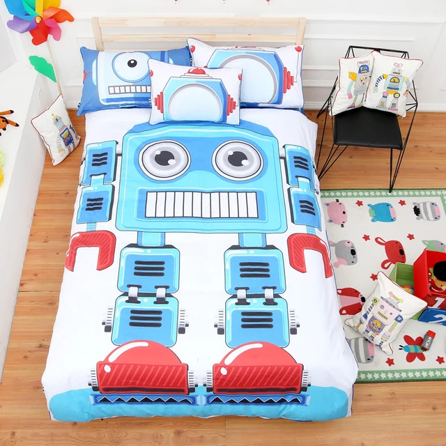 Cute Children S Room Cartoon Robot Pattern Blue Duvet Cover Sheet Cute Children S Room Cartoon Robot Pattern Blue Duvet Cover Sheet Set 100 Cotton Reactive Dyeing