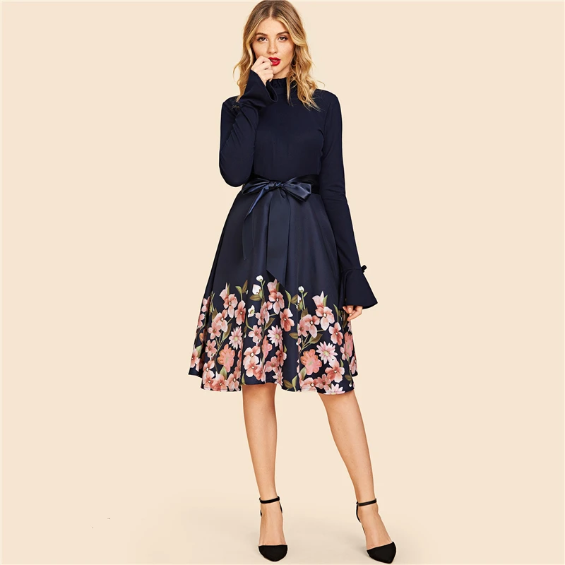 Sheinside черное или темно-синее винтажное платье с цветочным принтом, элегантное женское платье с поясом и длинным рукавом, осень, платье трапециевидной формы