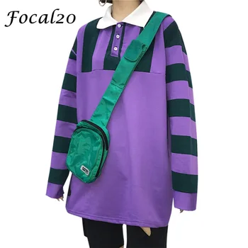 

Focal20 Streetwear Hit Color Stripe Women Sweatshirt Pullover Long Sleeve Casual Oversize Turn Down Collar Tracksuit