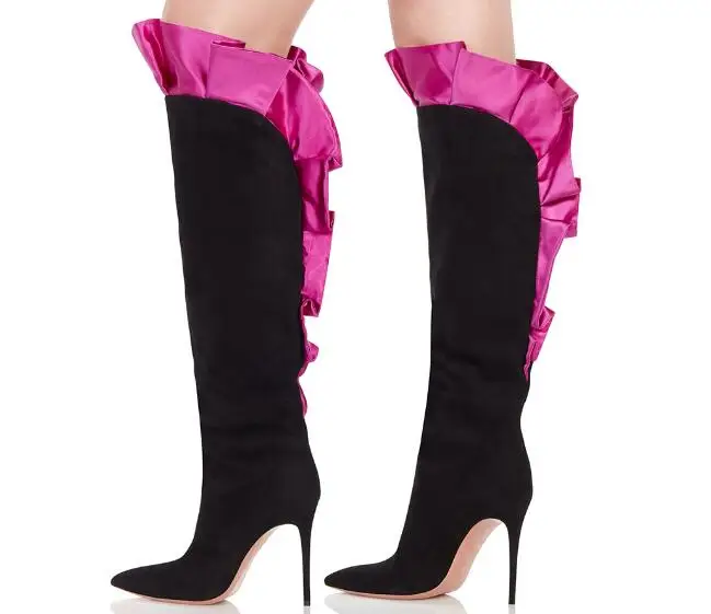 

Fall New Brand Women Hot Pink Black Patchwork Pointed Toe Stiletto Heel Slip On Knee High Long Boots Slim Plus Size Boots Lady