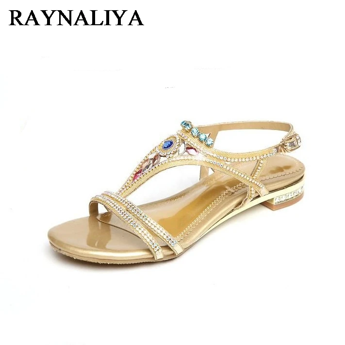 Summer Rhinestone Sequins Women Sandals Fashion String Bead Low Heels