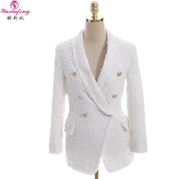 Yuxifeng 2018 Women Tweed Jacket Black White Golden Button Fashion Spring Autumn Long Sleeve Double Breasted Woolen Coat Yuxifeng 2018 Women Tweed Jacket Black White Golden Button Fashion Spring Autumn Long Sleeve Double Breasted Woolen Coat