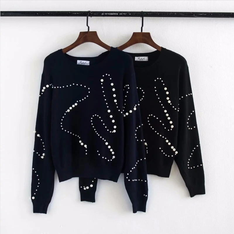 COZARII 2018 BTS women sweater england style panelled beading Pearls o-neck pullovers regular sweater women tops plus size