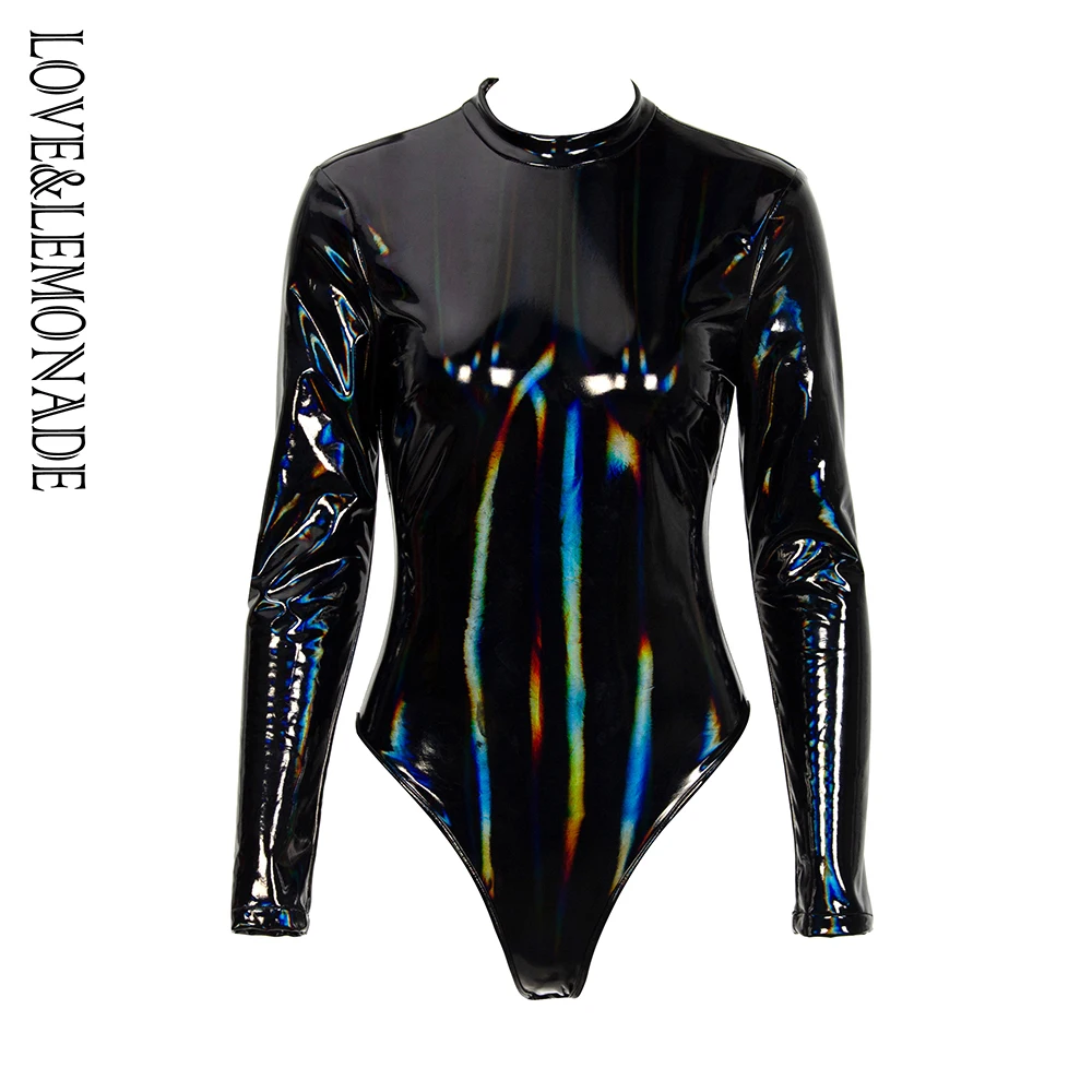 

Love&Lemonade Black Stand-Up Collar Reflective Elastic PU Material Slim Bodysuit LM81495