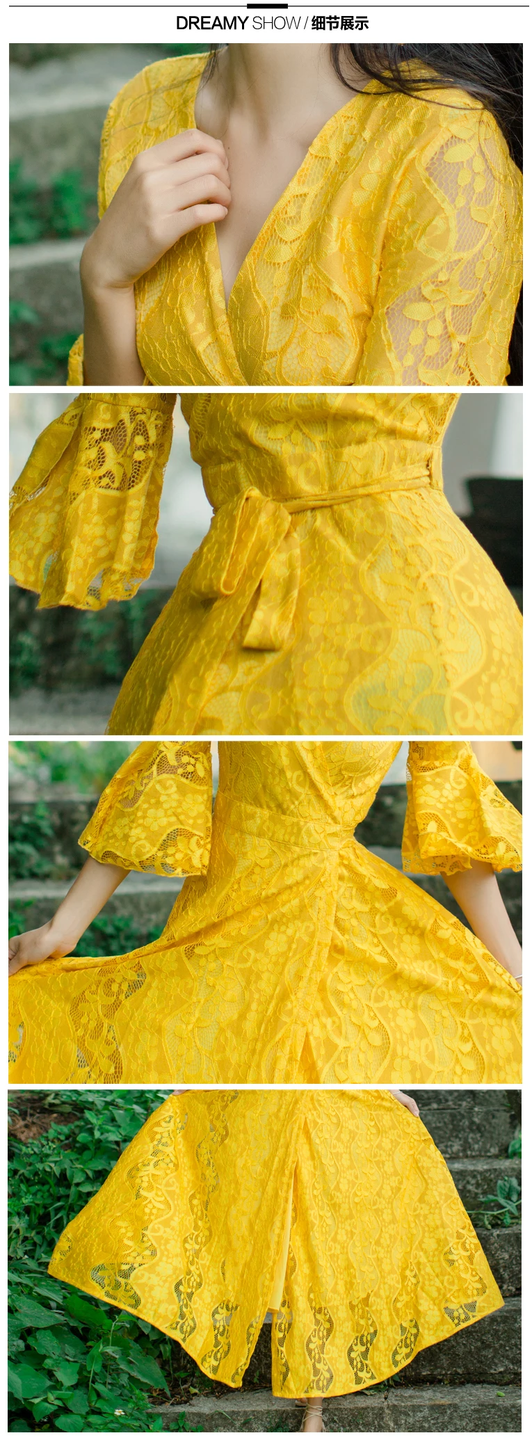 HAMALIEL/желтые кружевные Длинные вечерние платья в стиле бохо, летние женские сексуальные платья макси с расклешенными рукавами и v-образным вырезом