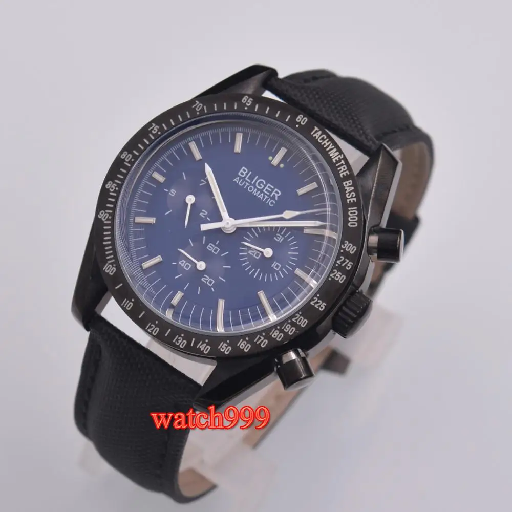40mm Bliger Blue Dial Black Leather Strap 316L Plastic Case Date Mechanical Automatic Men's Watch | Наручные часы