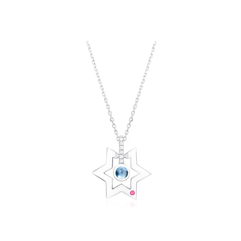 

925 sterling silver smart six-pointed star blue topaz red corundum white zircon decorative pendant clavicle chain for women