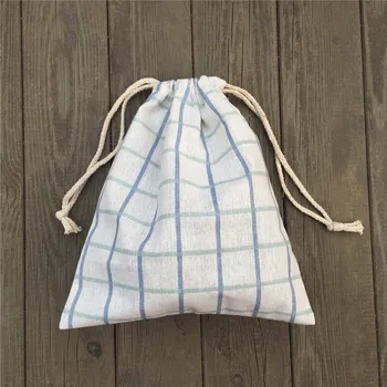 

1pc Cotton Linen Drawstring Party Gift Bag Coin Phone Key Pouch Blue Green Check YILE812A