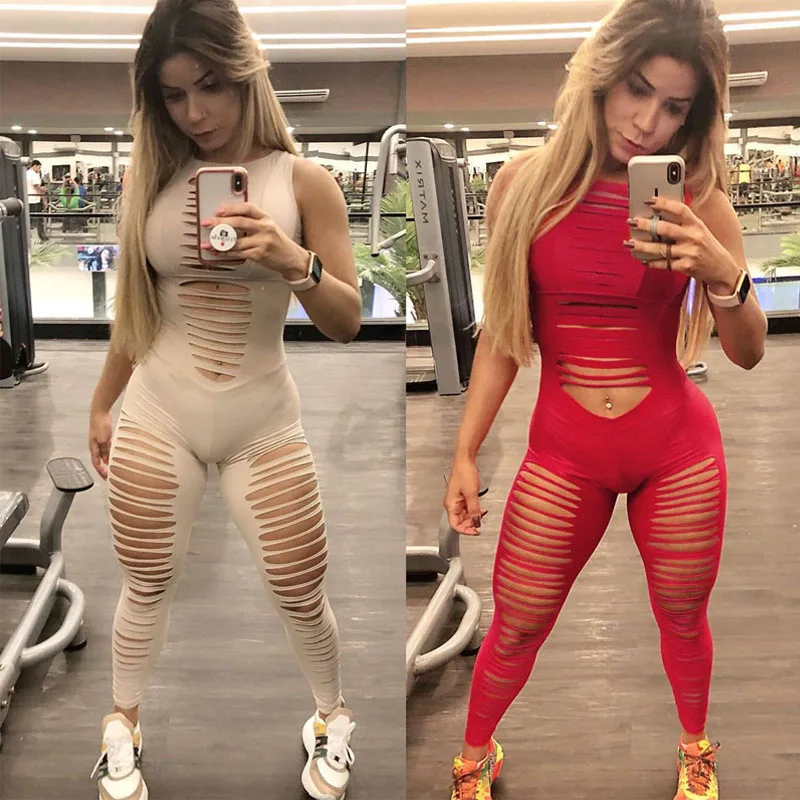 

Women Jumpsuit Hollow Out Design Sleeveless O-Neck Solid Color Slim Skinny Sports Jumpsuits