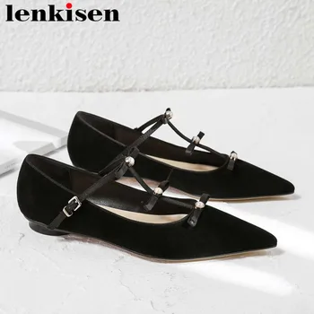 

Lenkisen hot woman loafers comfortable natural leather buckle strap pearls decoration pointed toe simple style faity flats L69
