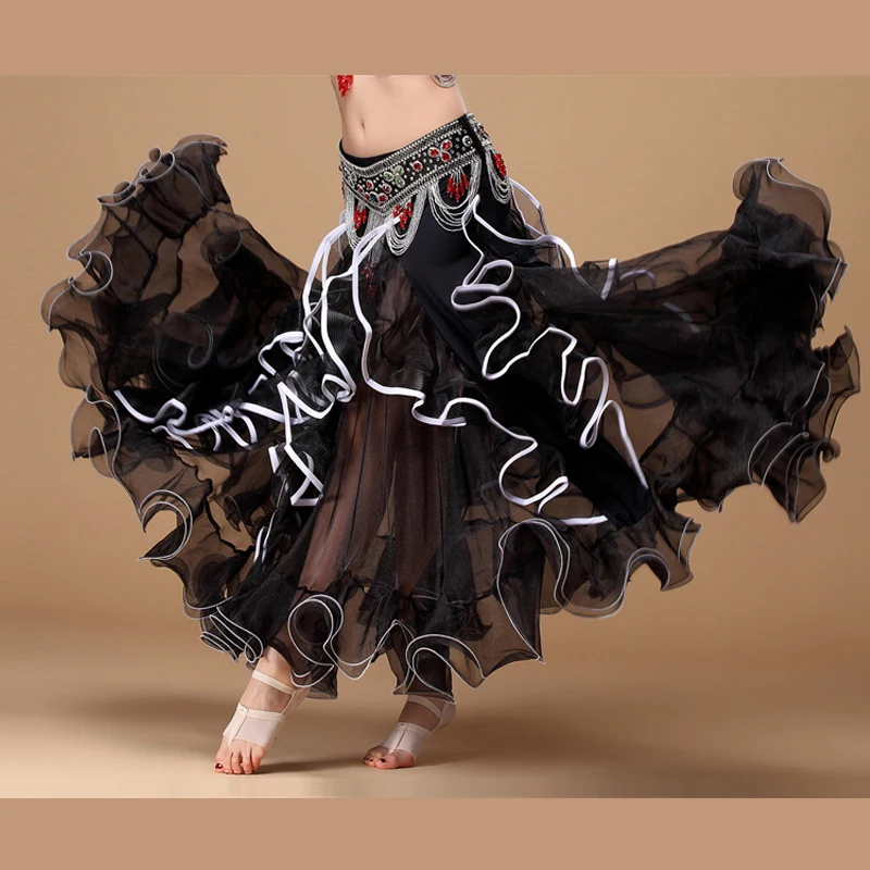 Whitewed Long Satin Layered Ruffle Spanish Ballet Paso Doble Folk Dance Clothing Swing Circle Skirt Costumes