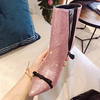 

Brand Ankle Women Boots Winter Warm Plus Size Rhinestones High Heels Shoes Woman Zip Pointed Toe Sexy Short Boots For Females 42