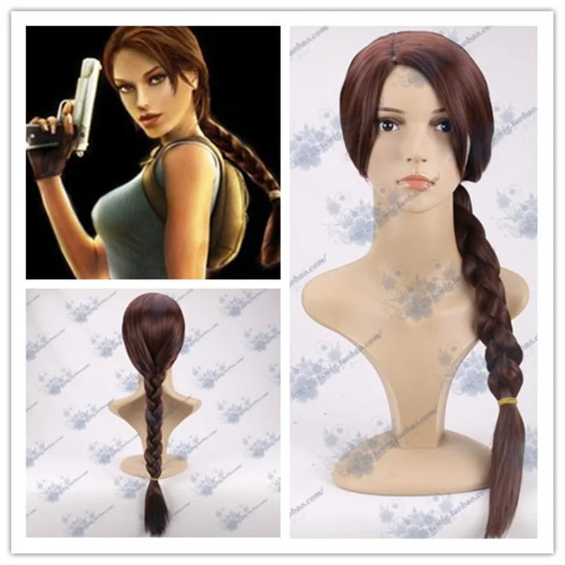 

Anime Movie Tomb Raider Lara Plait Wig Game Charactor Lara 70cm Brown Braid Styled Queue Cosplay Synthetic Hair + Wig Cap