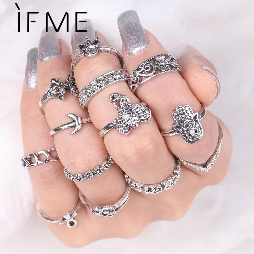 

IF ME 13pcs/Set Punk Midi Rings Set For Women Antique Gold Color Carved Knuckle Finger Ring Elephant Fatima Hand Rings Female