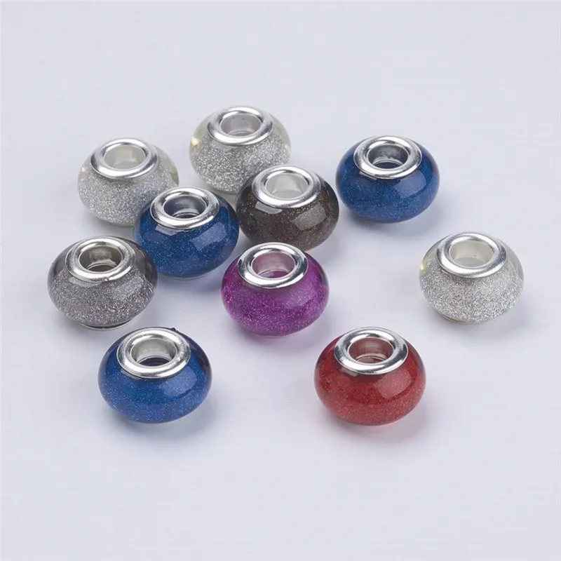 

10Pcs Mixed Color 14mm Rondelle Glitter Big Hole Plastic Resin Murano Beads Fit European Pandora Bracelets For Jewelry Making