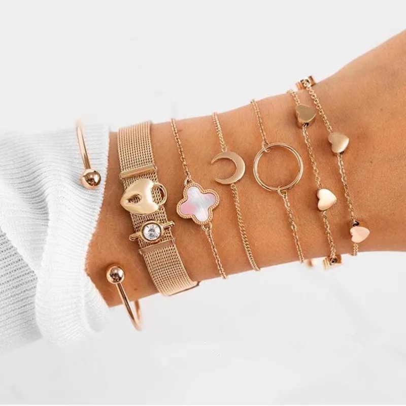

Mavis Hare Stainless Steel Pink Seashell Blossom Mesh Bracelet Set with Heart Chain Bracelet & Moon Round Bracelet cuff bangle
