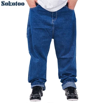 

Men's hip hop jeans Loose plus big size multi pockets cargo blue denim pants Hiphop skateboard trousers