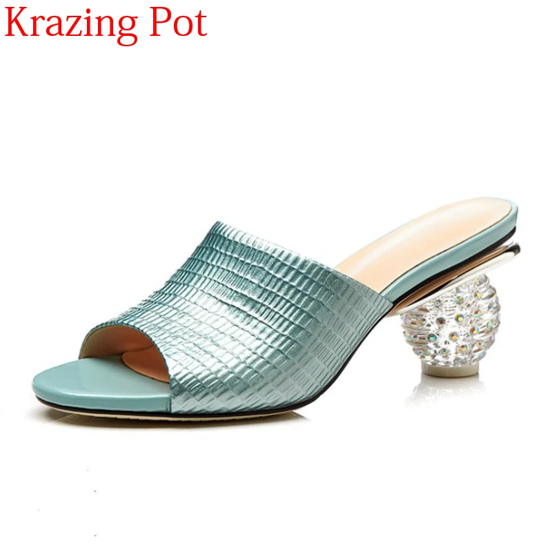

2018 Fashion Genuine Leather Plus Size Superstar Sandals Women Crystal High Heels Red Green Slip on Peep Toe Summer Mules L52
