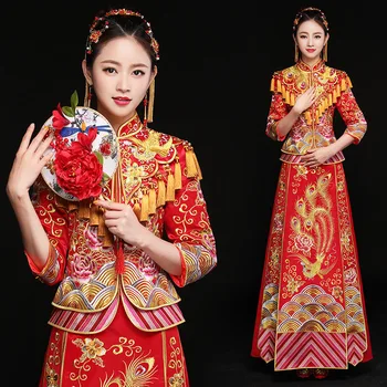 

Oriental Asian Bride beauty Chinese traditional Wedding Dress Women Red Floral Long Sleeve Embroidery Cheongsam Robe Qipao style