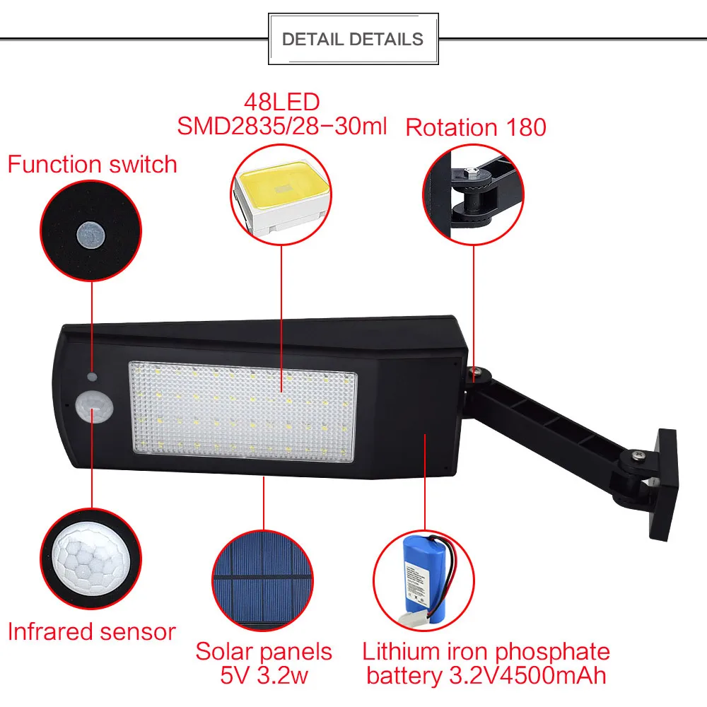 Sensor de Movimento com Controle Solar para ao ar Livre à Prova Solar Auto Pir Remoto Jardim Parede Lâmpada Dnewest Água Mais Novo Design Luz 48 Led 900lm 6 Lâmpadas solares