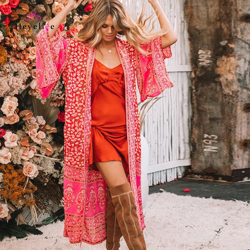 

Bohemia Style Beach Dresses Women Long Sleeves Tunic Printed Beach Cover Up Swimsuit Cover Up Beach Wear Bikini Cover Up