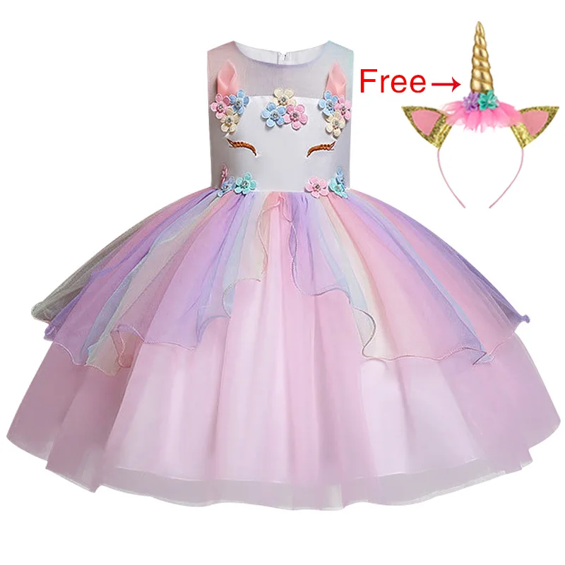 

Baby Girls 3D Unicorn Beading Floral Mesh Lace Tutu Sleeveless Dresses Princess Kids Cosplay Flower Party Dress Size 2-10T
