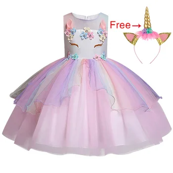 

Baby Girls 3D Unicorn Beading Floral Mesh Lace Tutu Sleeveless Dresses Princess Kids Cosplay Flower Party Dress Size 2-10T