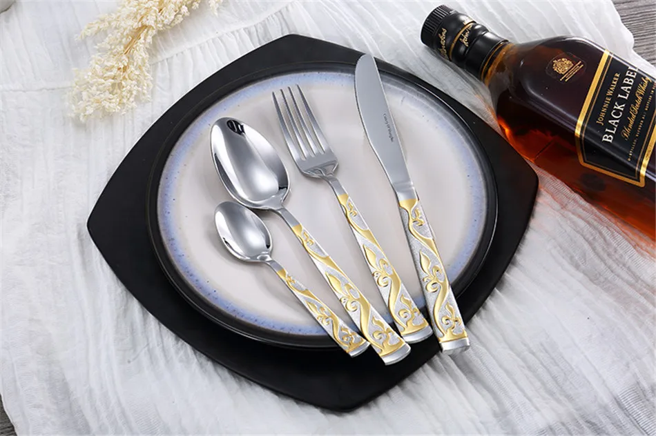 Luxury Flower Dinnerware Set Stainless Steel Cutlery Set Bronzing Silver Knife Fork Tableware European Western Food Set 4 Pcs (1)