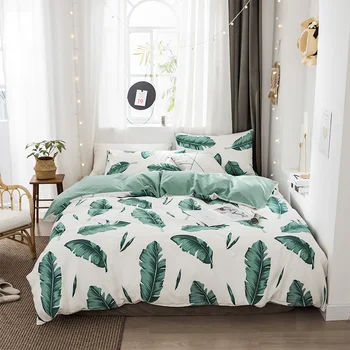 

3/4 pieces 100% cotton bed sheet set queen size quilt covers white bedding with fresh green leaves duvet cover sets single King