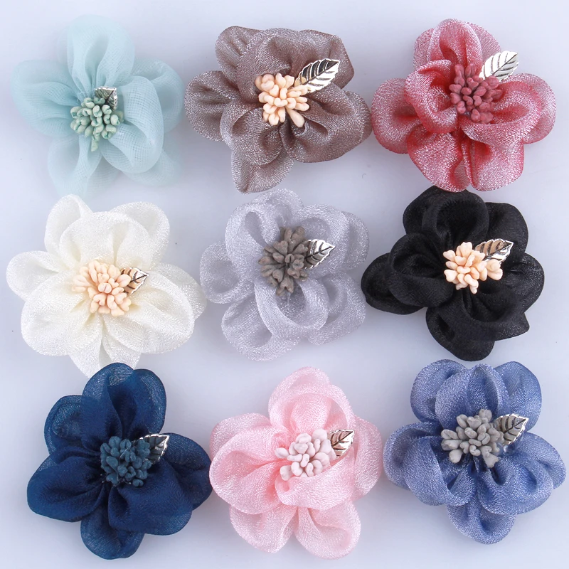 

200PCS 4.5CM Fashion Silk Fabric Flowers With Stamen For Headbands High Quality Flower For Hair Clips Hair Accessories