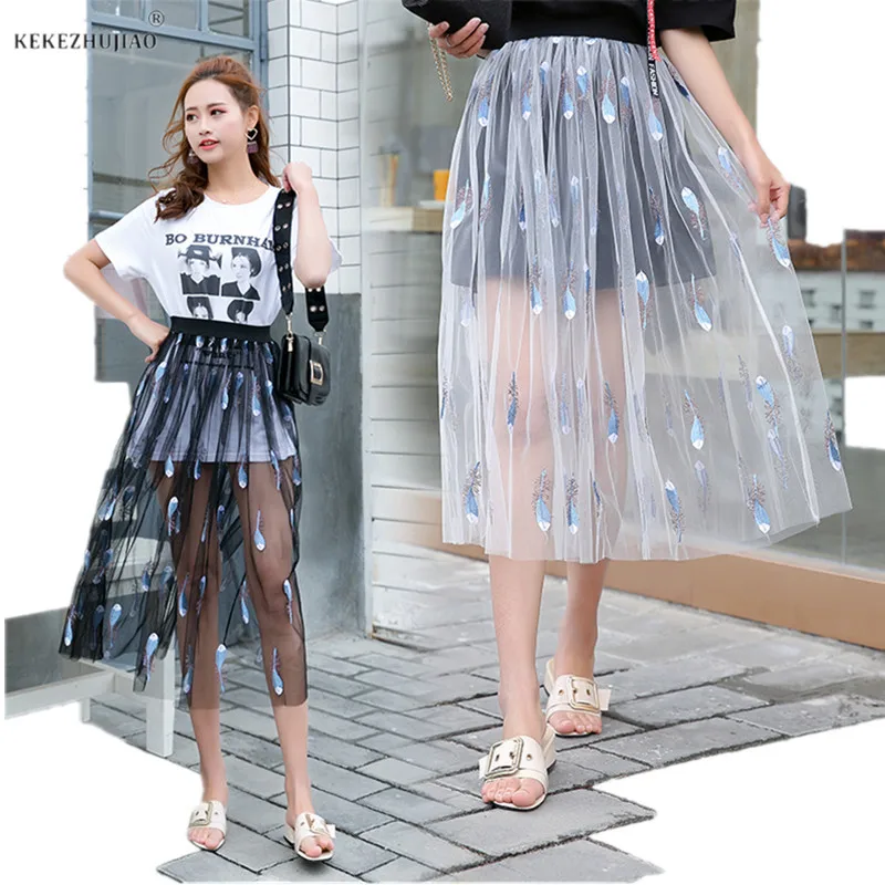 

Embroidery One Layer Tulle Mesh Skirts Long See Through Overlay Stars Skirt Summer Hot Saia Faldas Mujer Fashion Overskirt Sheer