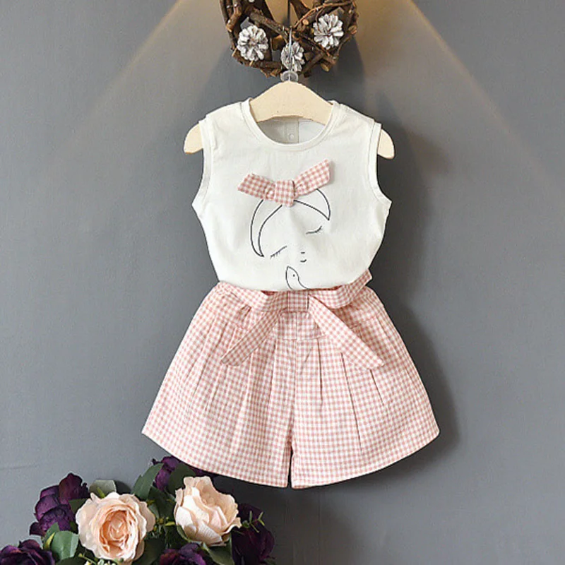 

Girls clothing sets summer o-neck sleeveless print white vest plaid shorts kid suit children clothing sets summer girls