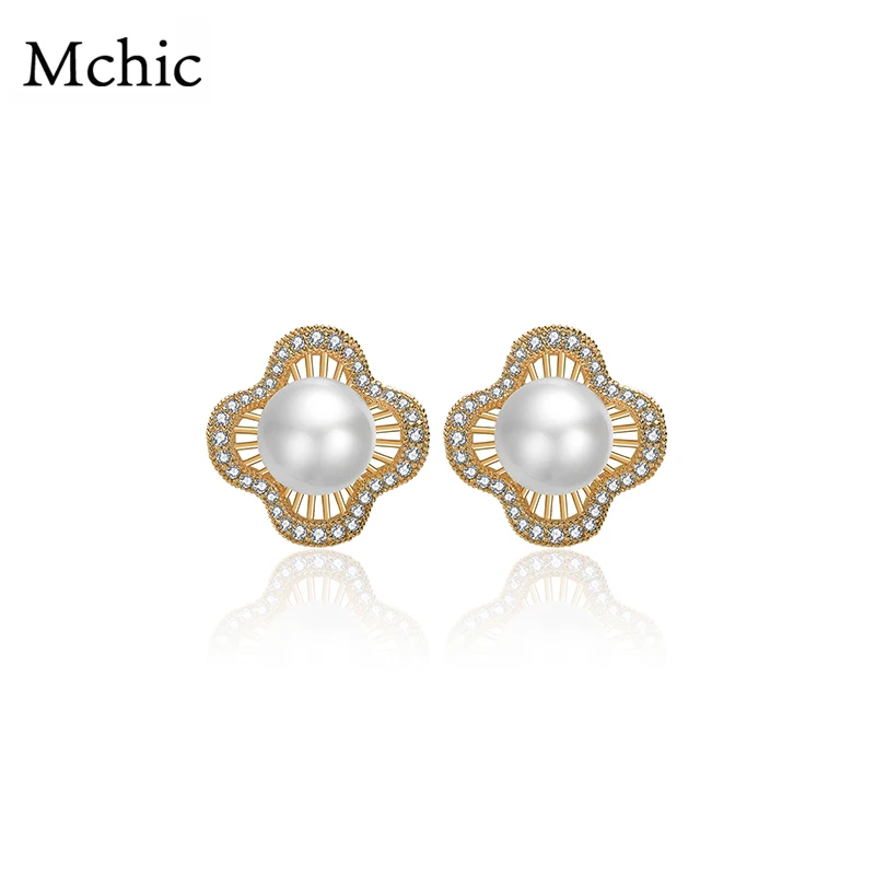 

Mchic Fashion Romantic Hollow Golden Flower Shell Pearl Stud Earrings Shiny Micro Cubic Zirconia Earrings Brincos Women Party