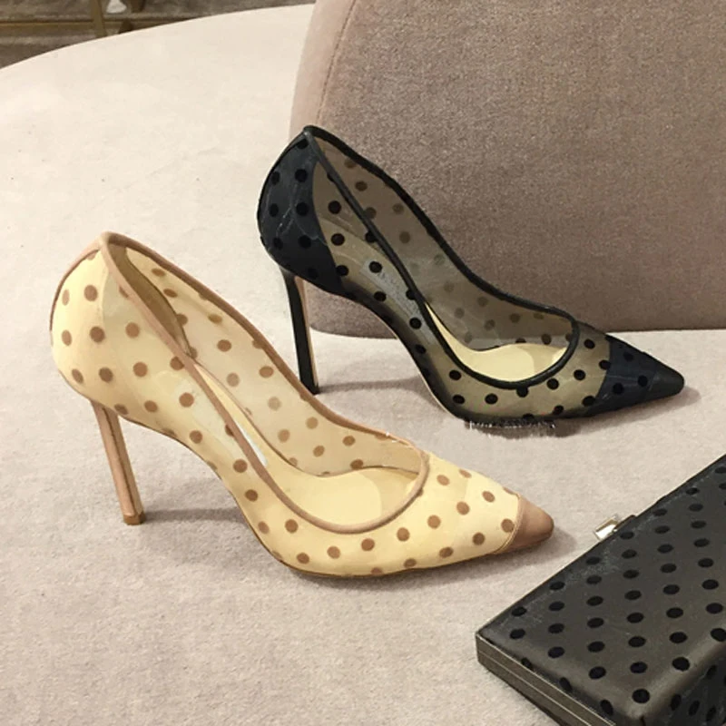 

New Women Pumps Shallow Black Beige Air Mesh Dot Patchwork Pointed Toe Buckle Sreap See Through Sweet Sexy Lady High Heels
