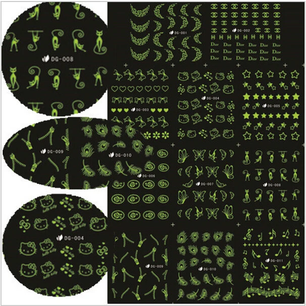 11 видов конструкций в 1, Бабочка, кошка, молния, Павлин, дизайн, светящиеся наклейки для дизайна ногтей, Переводные картинки, украшения, сделай сам, Маникюрный Инструмент, JIDG-001-011