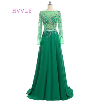 

New Green Prom Dresses A-line Long Sleeves Chiffon Beaded Crystals Open Back Long Prom Gown Evening Dresses Evening Gown