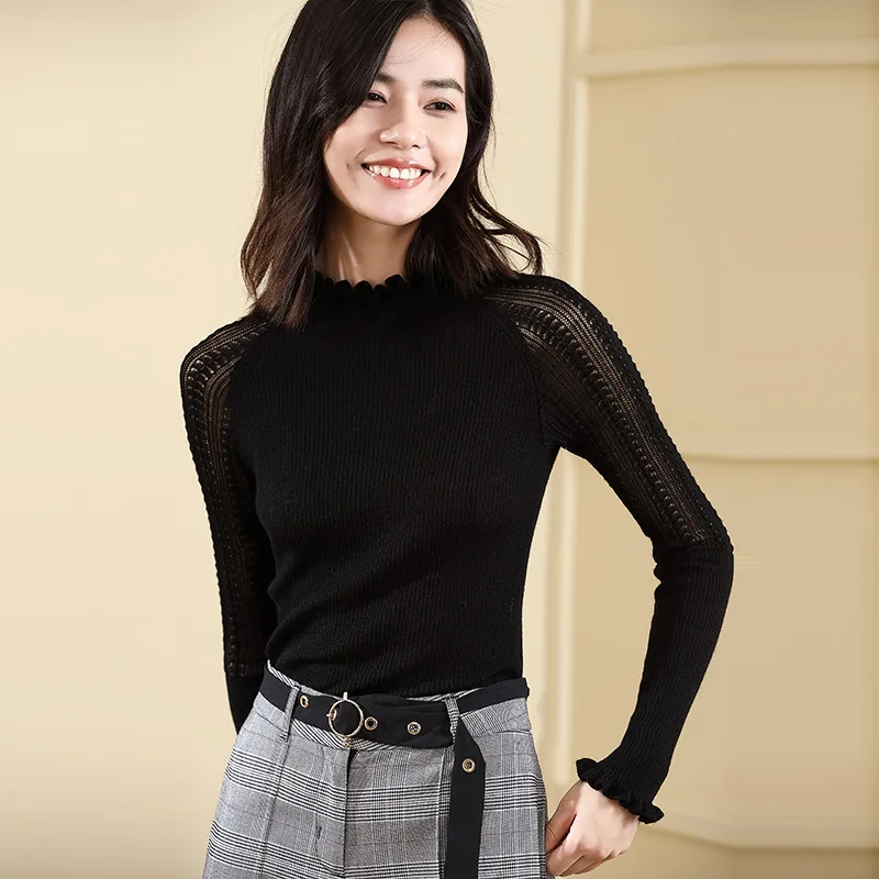 2018 Fall And Winter New Women's High Collar Bottoming Shirt Wooden Earmuffs Wool Hollow Sweater vestidos