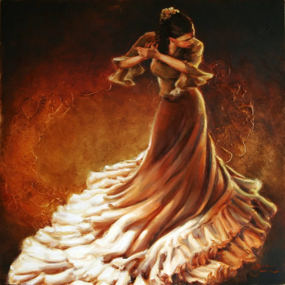 

Modern Impressionist Canvas Art Flamenco Dancers in Golden Handmade Large Figure Artwork for Living Room Bedroom Decor Gift