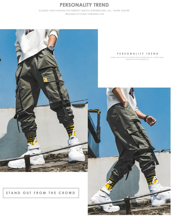 BINHIIRO, весенние новые мужские брюки карго, хлопок, полиэстер, в стиле хип-хоп, средняя длина, с карманами, мужские брюки, черный, серый, хаки