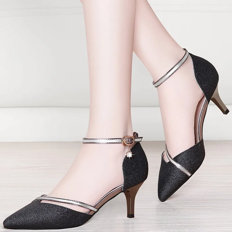 

2019 Summer Style Sexy Woman Genuine Leather Sandals High Heeled Fashion Bling Pointed Wedding Thin Heels Sandals YG-A0157