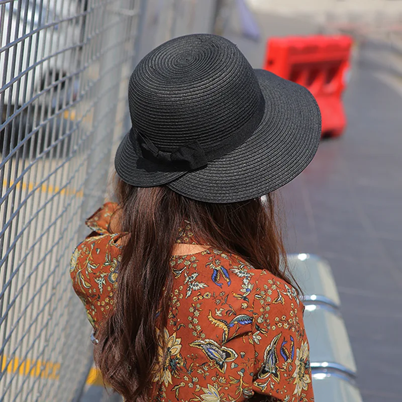 

2017 Summer Fashion Women Straw Bucket Hat With Bowknot Round Wide Brim Solid Cap Beach Travel Fishing Sun Hats UV Protection