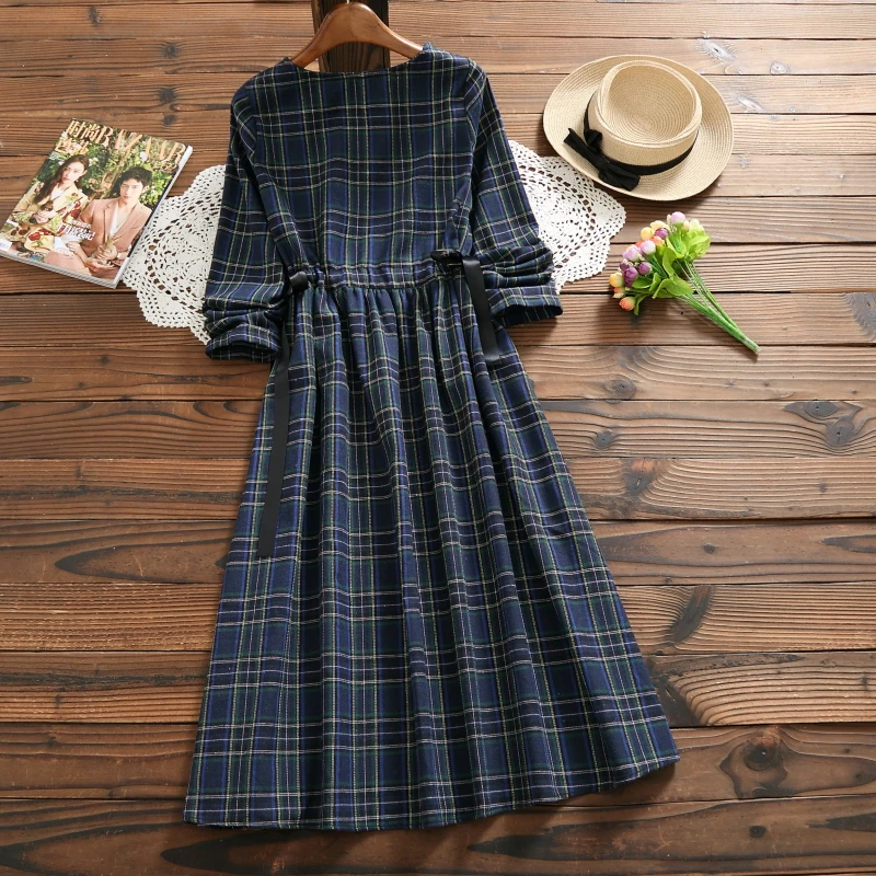Нежное женское платье весна-осень,свободное женственное миди платье в клетку,винтажное повседневное платье с длинным рукавом