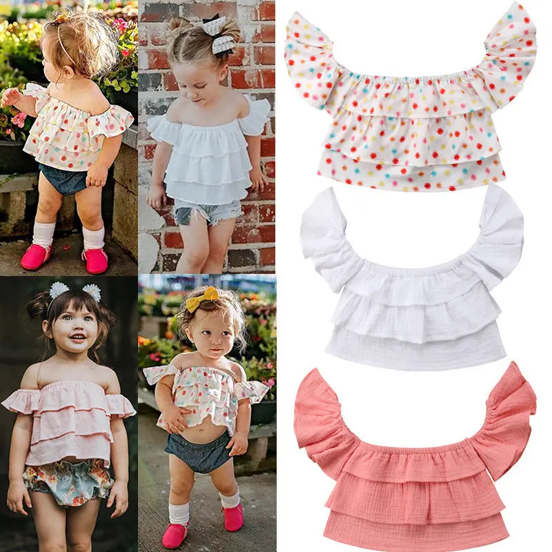 

Toddler Baby Girls Summer Sweet Lovely T-Shirts Tops 3 Style Off Shoulder Short Petal Sleeve Solid Dot Print Ruffles Top 3 Style